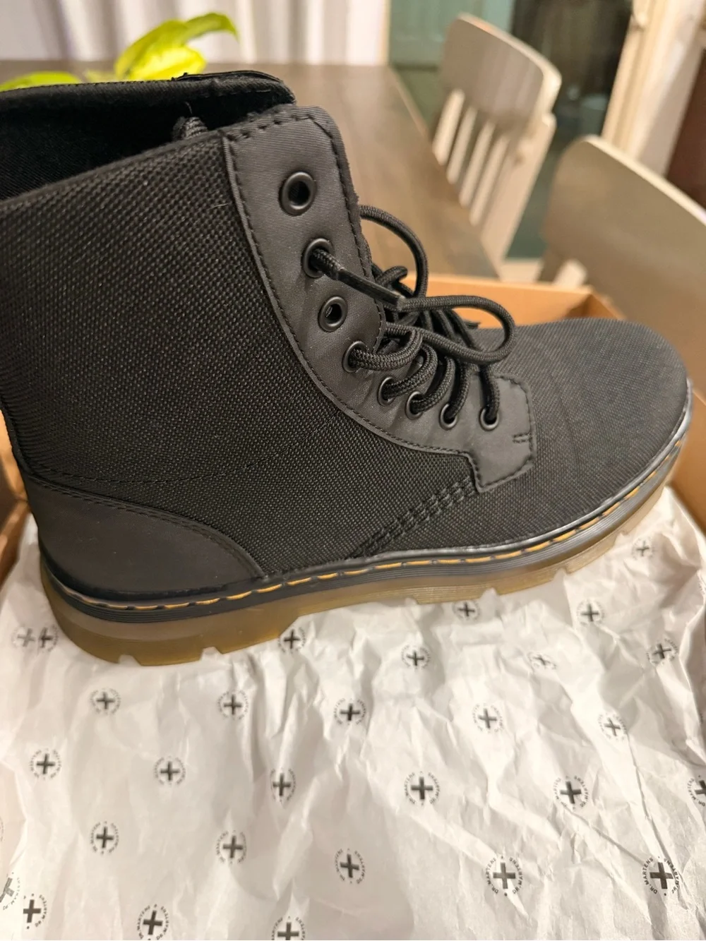 Dr. Martens Black Canvas Lace-Up Combat Boot with Yellow Stitching